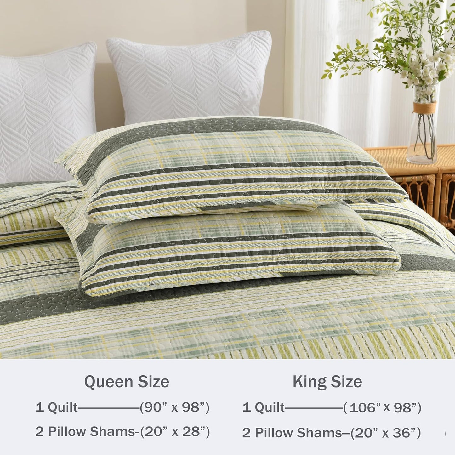 Homzard King Quilt - Cotton Comforter Set King Size, Green Yellow Striped Quilt Set,Olive Green Plaid Bedding Bedspread, Lightweight Farmhouse Comforter 3 Pieces All Season
