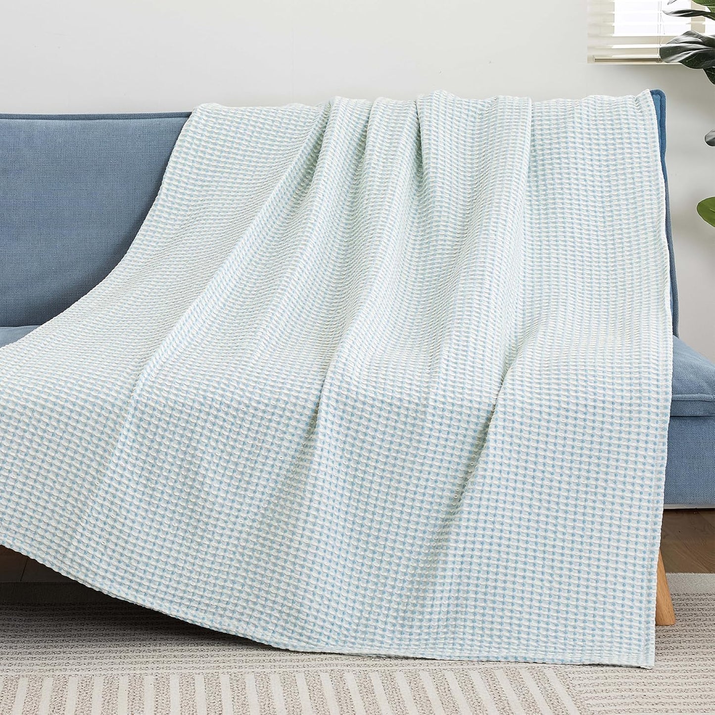 EGOHOME 100% Cotton Waffle Blanket Twin Size for Bed-Breathable and Lightweight,Soft Dual-Tone Textured Jacquard Waffle Weave Blankets for All-Seasons,Angel Falls Blue,60 x 80 Inches