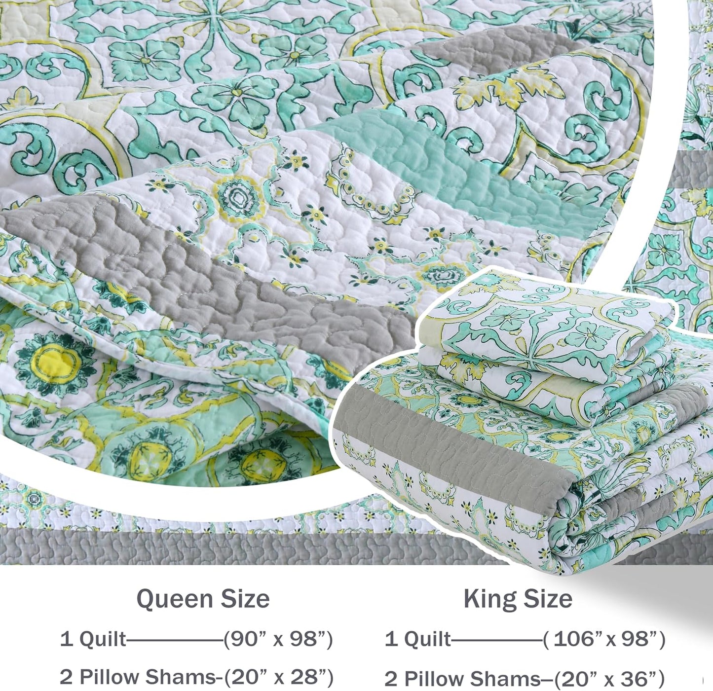 Homzard Sage Green Quilt King Size, Green Floral Quilt King，Cotton Comforter Set (106 * 98 Inches)