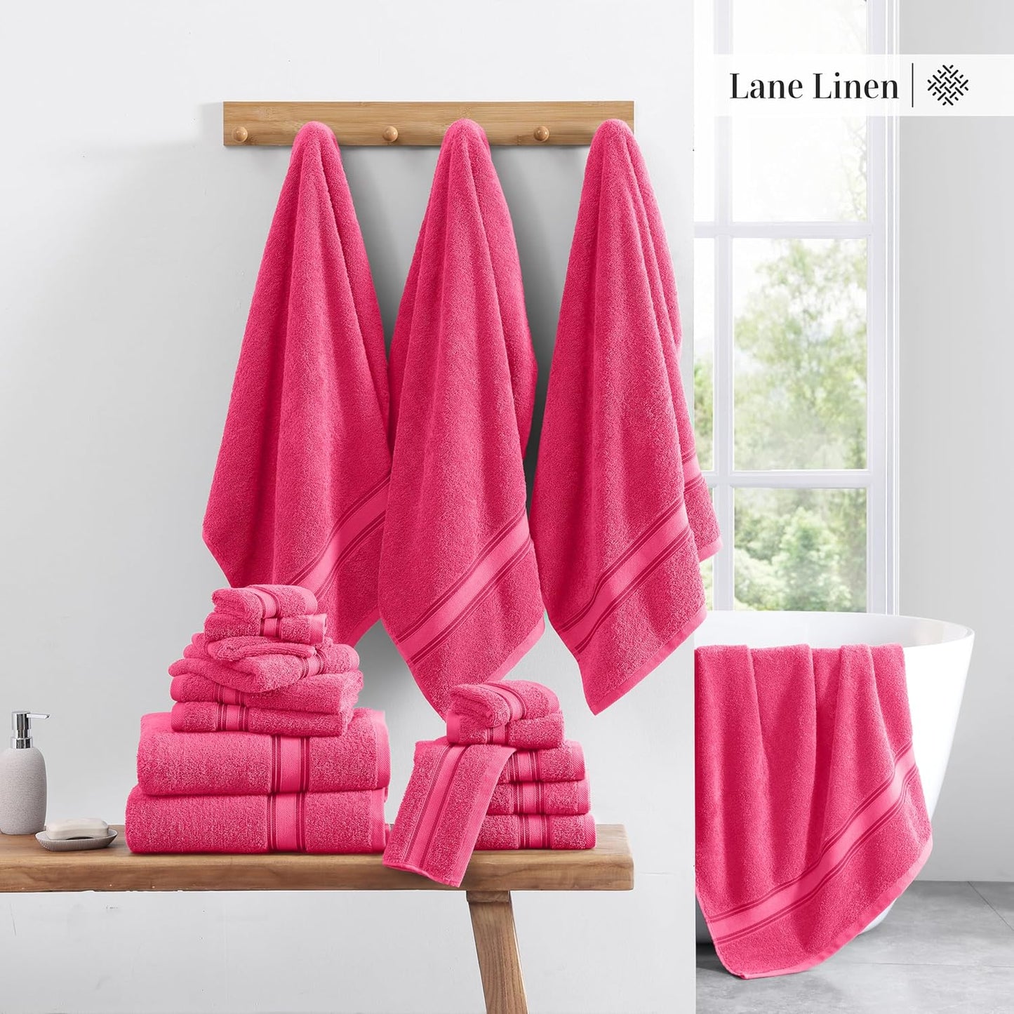 LANE LINEN 12 Pc Bath Towels Set – Ultra Soft 100% Mercerized Cotton, 4 Bath, 4 Hand Towel & 4 Wash Cloth, Zero Twist, Quick-Dry, Long-Lasting Comfort & Hotel Quality, Machine Washable – Fuchsia