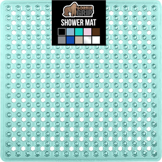 GORILLA GRIP Patented Square Shower Stall Mat, Small Bathtub Floor Mats for Stand Up Showers with Suction Cups and Drainage Holes, Machine Wash, Soft on Feet, Bathroom Accessories 21x21 Inch, Green