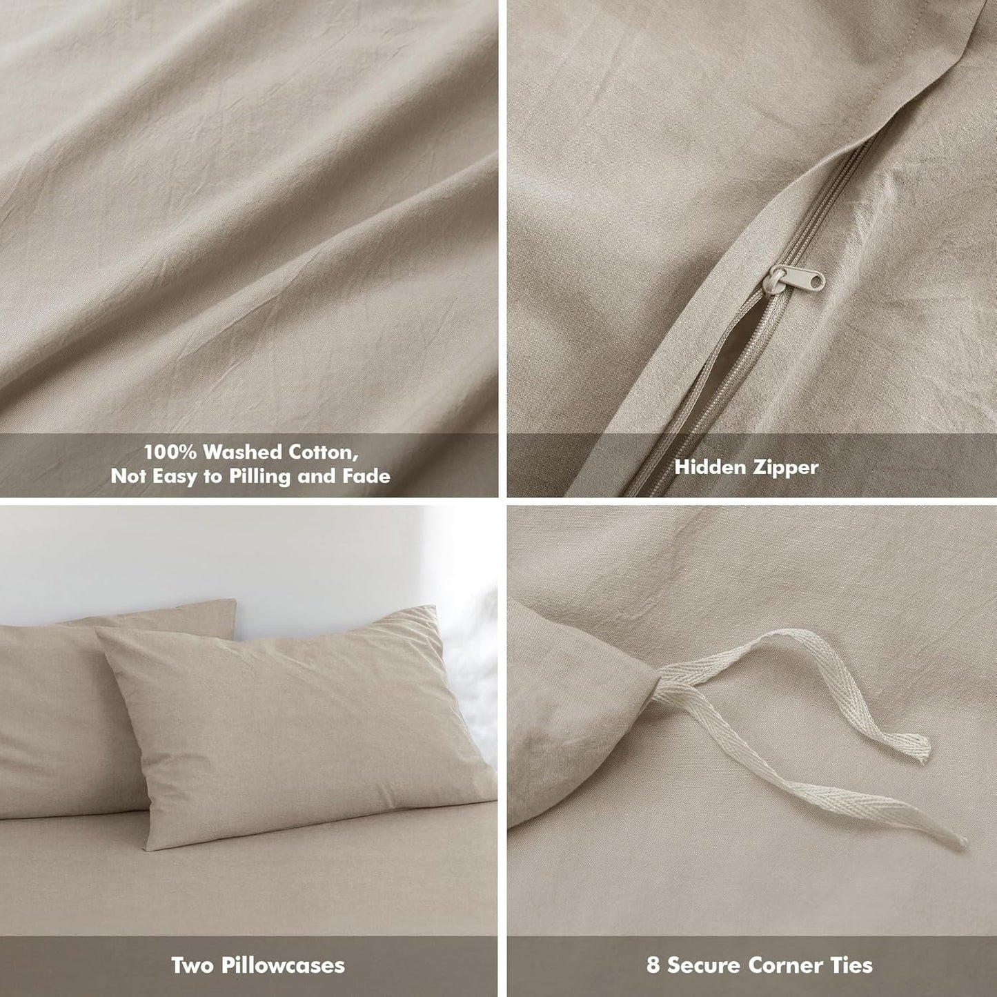 FOSSA Duvet Cover Set 100% Washed Cotton Linen Feel Super Soft Breathable Cozy 3 Pieces Bedding Sets Solid Tannish Linen Grey Full/Double