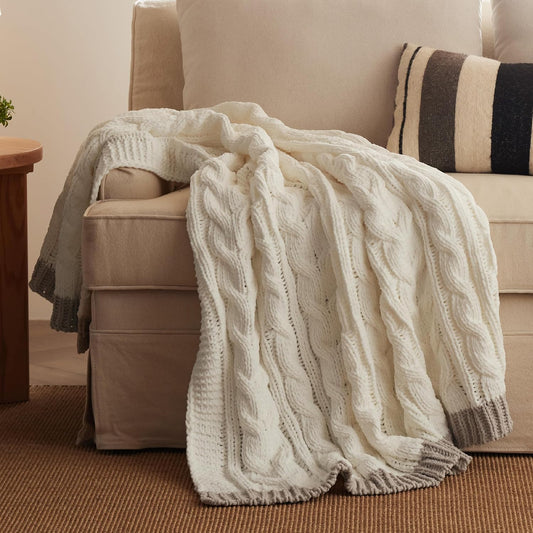 Bedsure Cable Knit Throw Blanket for Couch Bed - Breathable Chenille Chunky Knit Throw Blanket for Decorative Gift, GentleSoft Cozy and Warm for Winter and All Seasons, Cream, 50x60 Inches