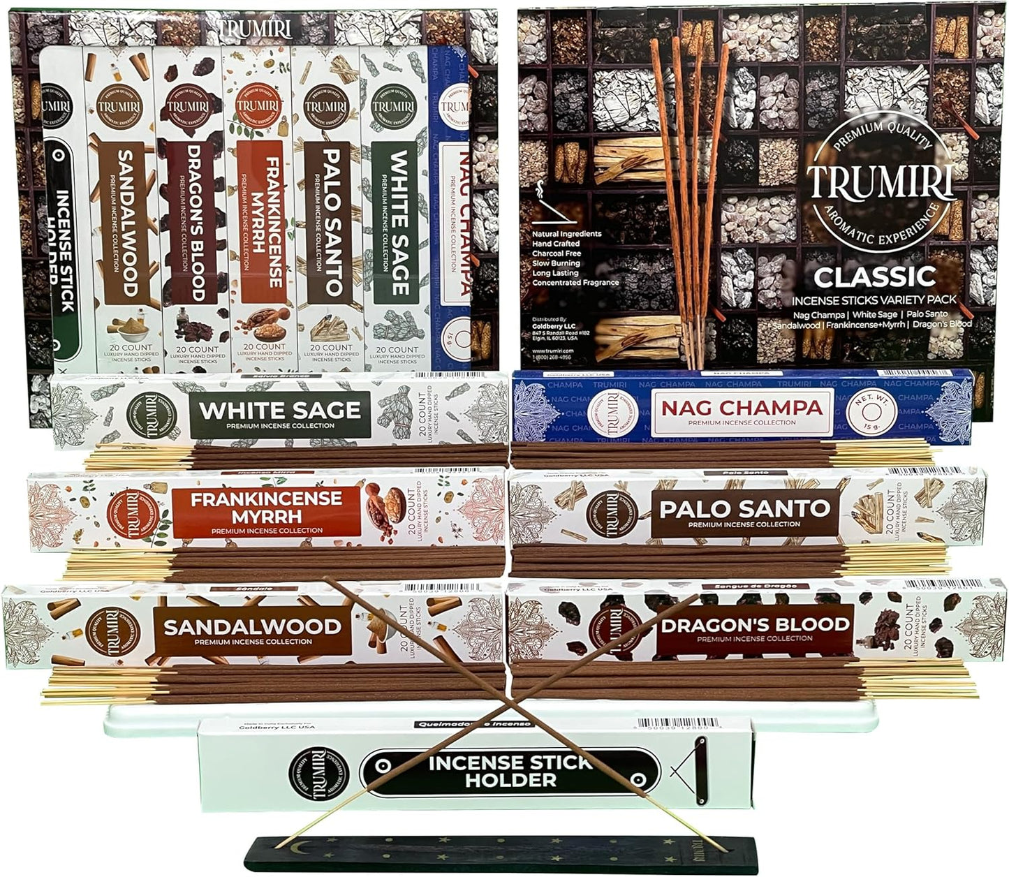 Classic Incense Sticks - Total 120 Insence-Sticks (20 Insense x 6 Inscents) - Inciensos Aromaticos Para La Casa Incents with Nag Champa Sage Palo Santo Frankincense Sandalwood Inscents-Sticks + Holder