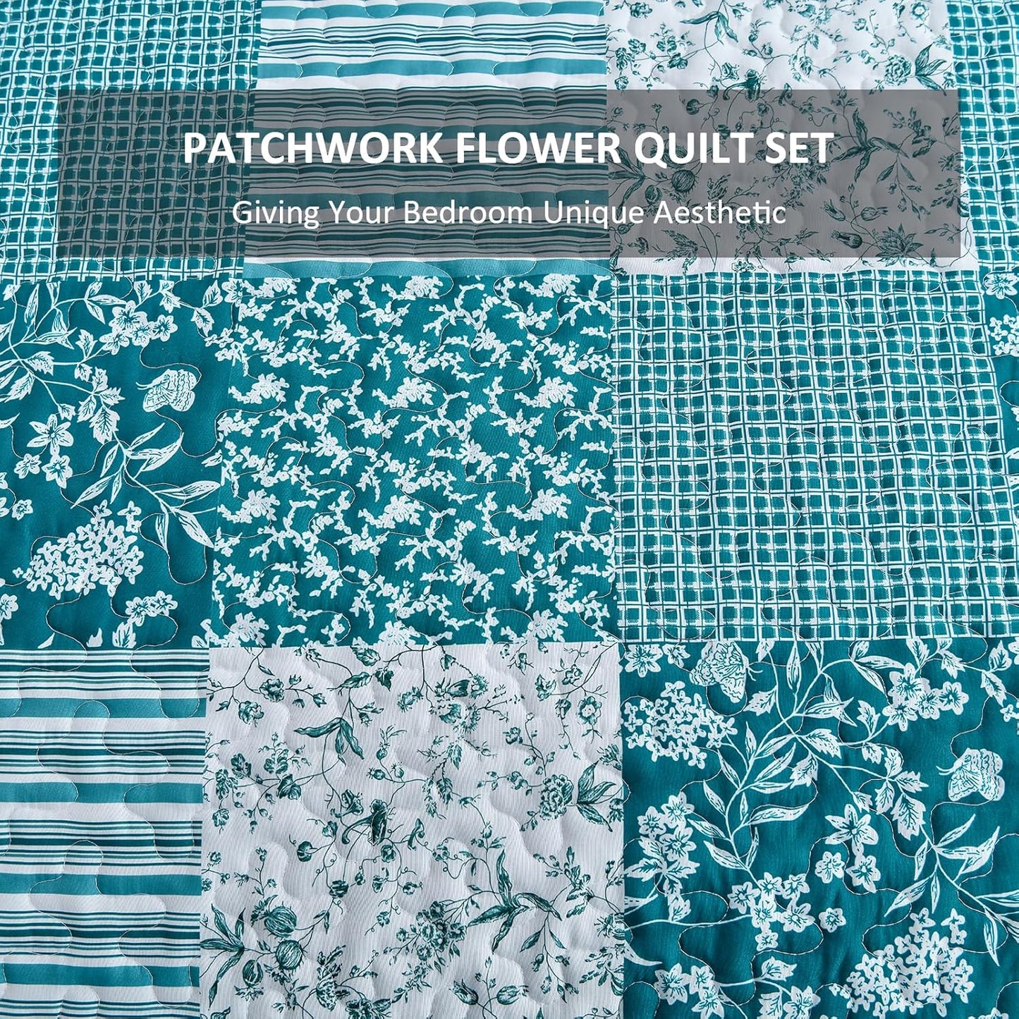 Mybedsoul Teal Blue Quilt Set King Size 3 Pieces Boho Plaid Turquoise Floral Bedspread Set Microfiber Lightweight Bohemian Bedding Bedspread Coverlet Set for All Season 90"x104"