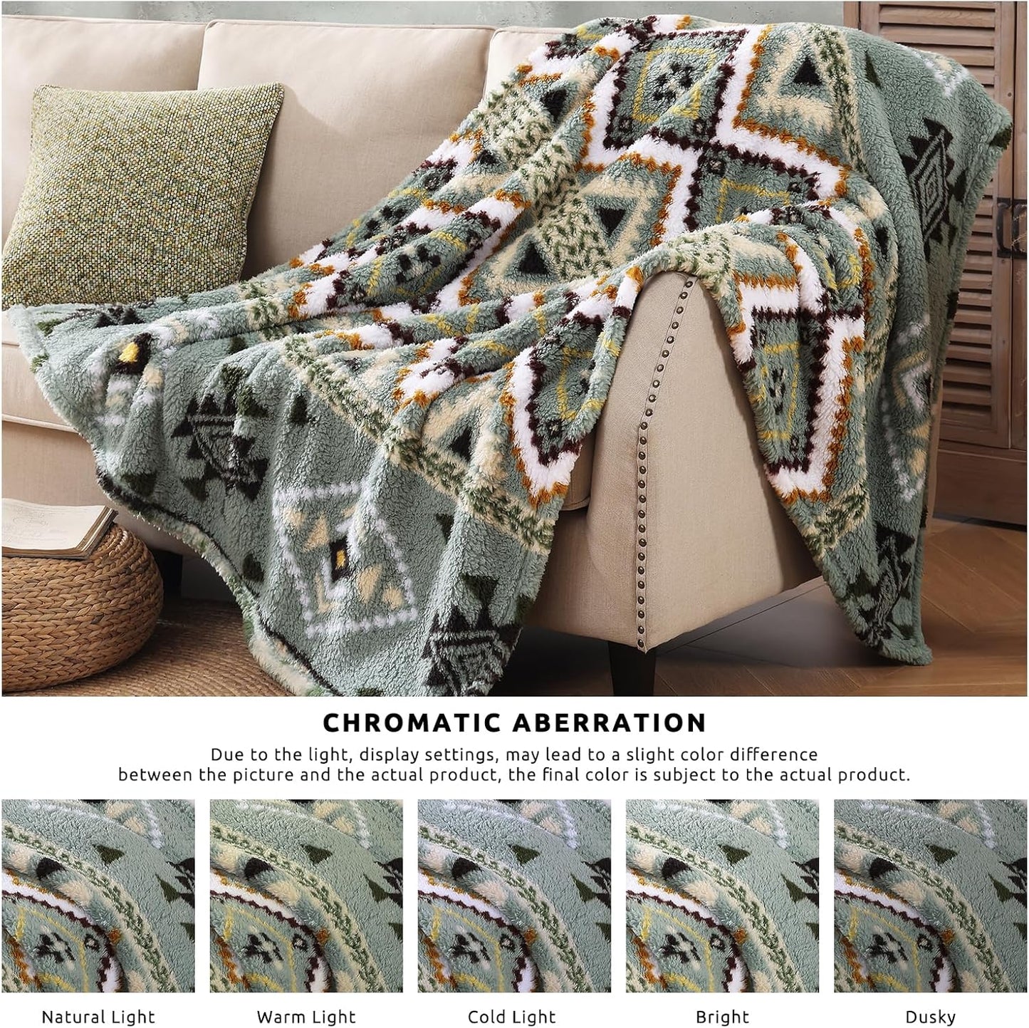 CASAAGUSTO Boho Sherpa Throw Blanket, Aztec,Ultra Soft, Warm, Cozy, Plush, Thick Fleece Throw Blanket for Couch, Bed, Sofa (Olive Green 50 * 60 Inch)