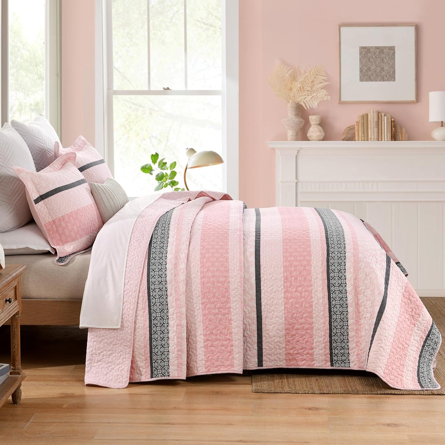 Homzard Quilts Queen Size, Cotton Comforter Set, Light Pink and Grey Queen Bed Set, Lightweight Striped Bedding, Farmhouse Bedspread All Season 3 Pieces