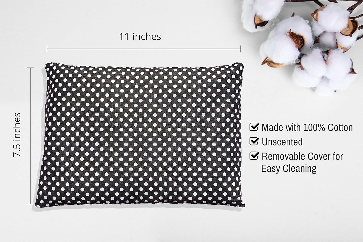 Microwavable Corn Filled Heating Pad and Cold Pack/Washable 100% Cotton Cover (Polka Dot - Black, 7.5in W x 11in L)