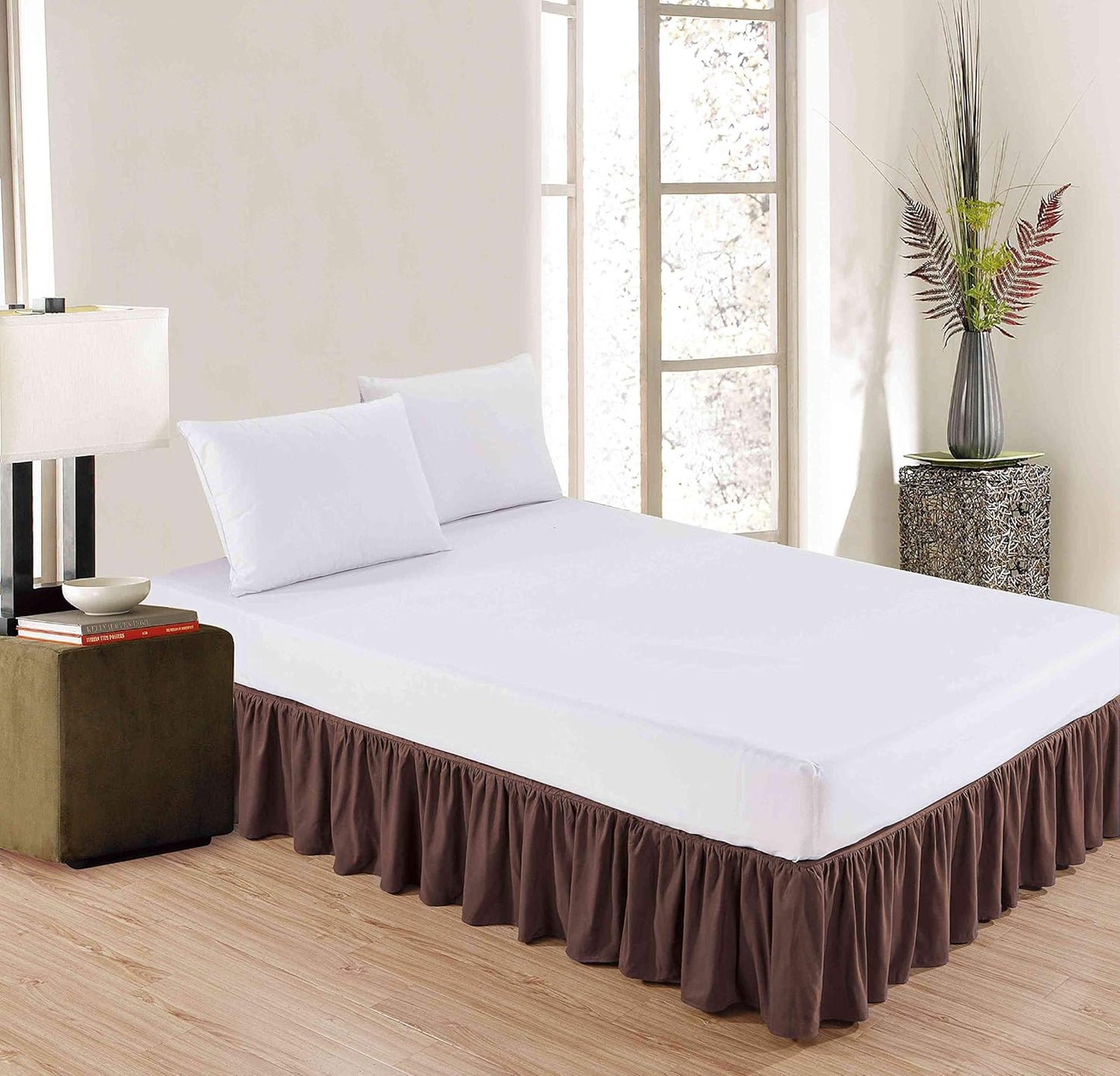 Sheets & Beyond Wrap Around Solid Microfiber Luxury Hotel Quality Fabric Bedroom Gathered Ruffled Bedding Bed Skirt 14 Inch Drop (King, Brown)