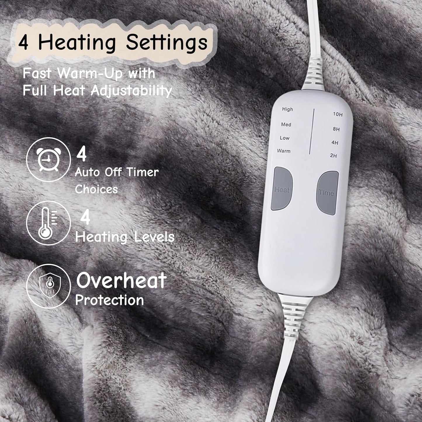 Soypipo Electric Heated Throw Blanket 50"x60", Grey White Striped Faux Fur Plush with 4 Heat Settings & 2/4/8/10H Auto Shut-Off, Overheat Protection, Machine Washable