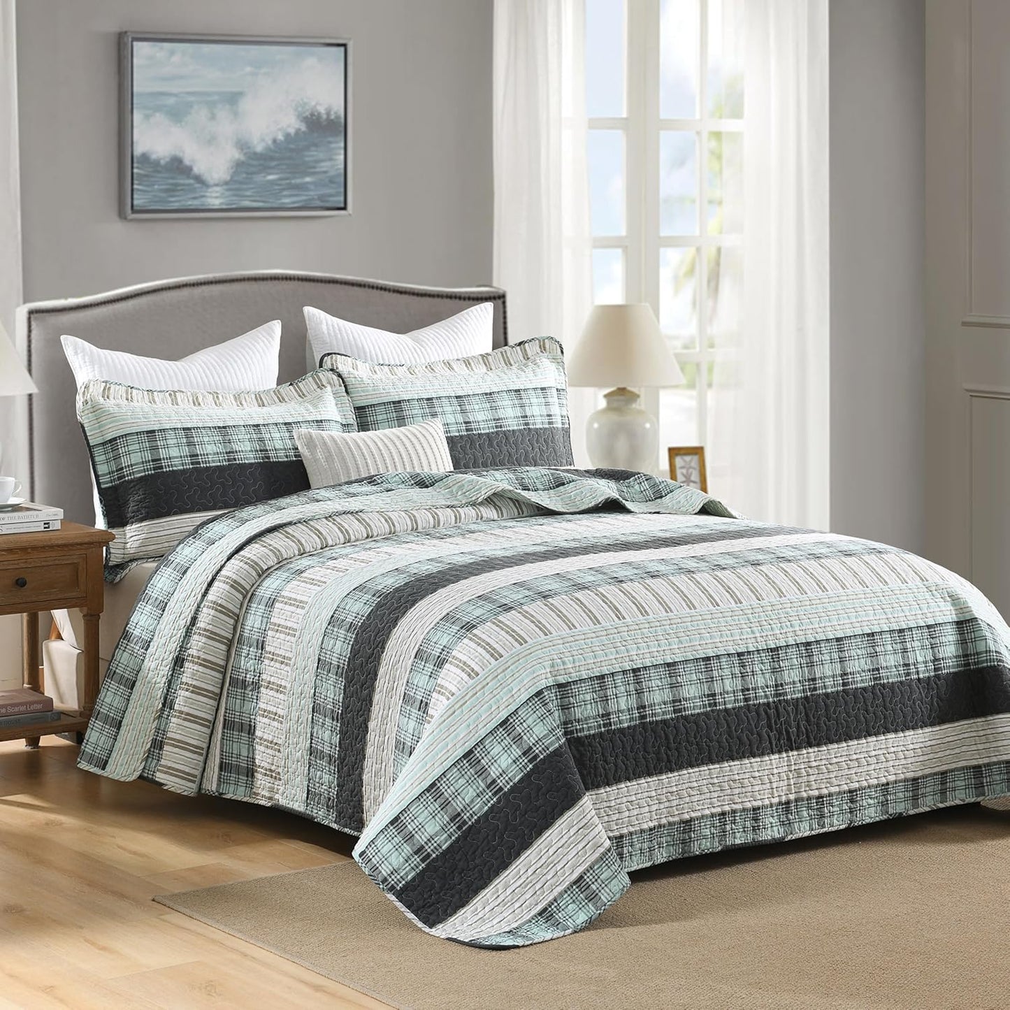Homzard Queen Comforter Set，Cotton Quilts Queen Size，Teal Black Beige Bedding，Plaid Striped Bedspread，Lightweight Reversible Coverlet All Season 3 Pieces