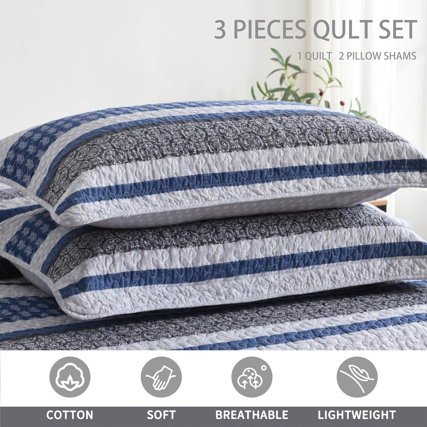 Homzard Quilt Bedding Set Queen Size - 100% Cotton Comforters Set Queen Size,Gray Blue Quilts Bedspread for The Bed, Farmhouse Lightweight Bedding (90 * 98 Inch) and 2 Pillow Shams All Season