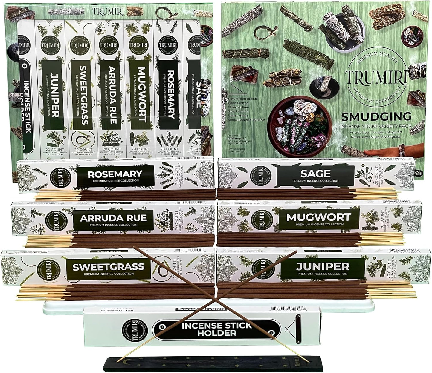 Trumiri Incense Sticks for Smudge Kit - Total 120 Insence-Sticks (20 Insense x 6 Incents) - Inciensos Aromaticos para Malas Energias Inscents-Sticks with Sage Sweetgrass for Smudging + Incense Holder