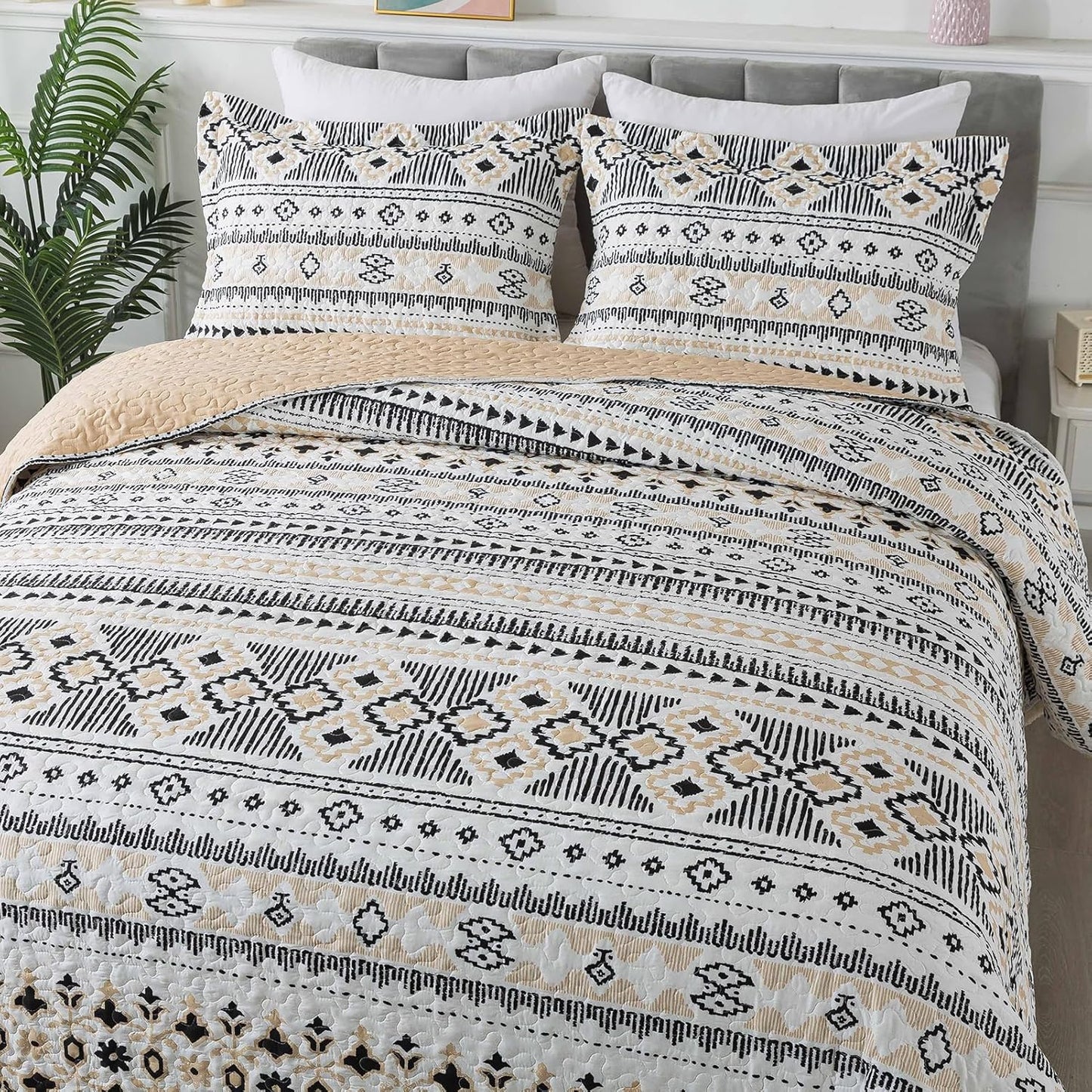 BEDIFANY Boho Quilt King Size Set, Lightweight Bedspread King Size Stripe Boho King Quilt, Quilt Bedding Set for Bed Decoration, All-Season Coverlet Set, 3 Pieces
