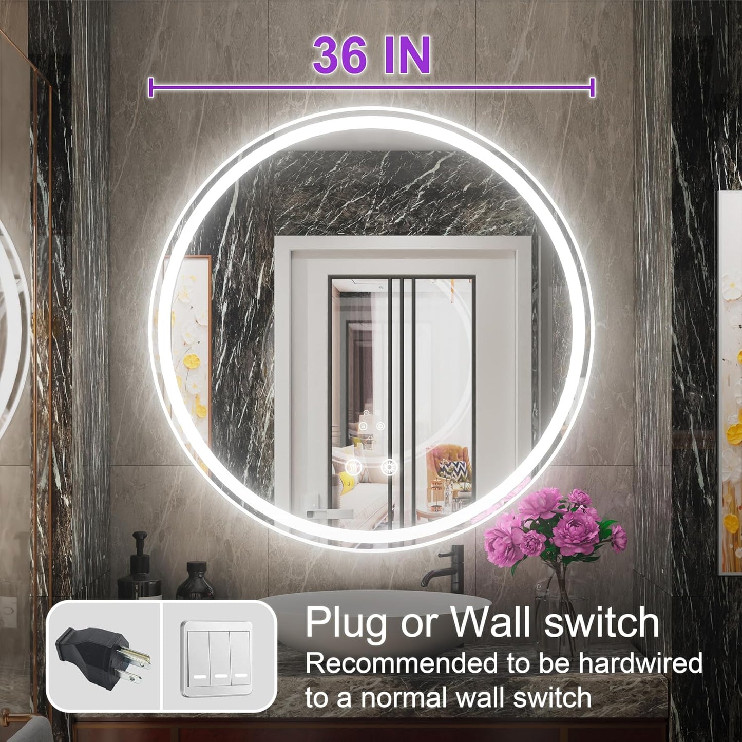 36 Inch Round LED Mirror for Bathroom, Front & Backlit Round Lighted Vanity Mirror for Wall, Adjustable Brightness, 6000K, Anti Fog, Touch, Memory