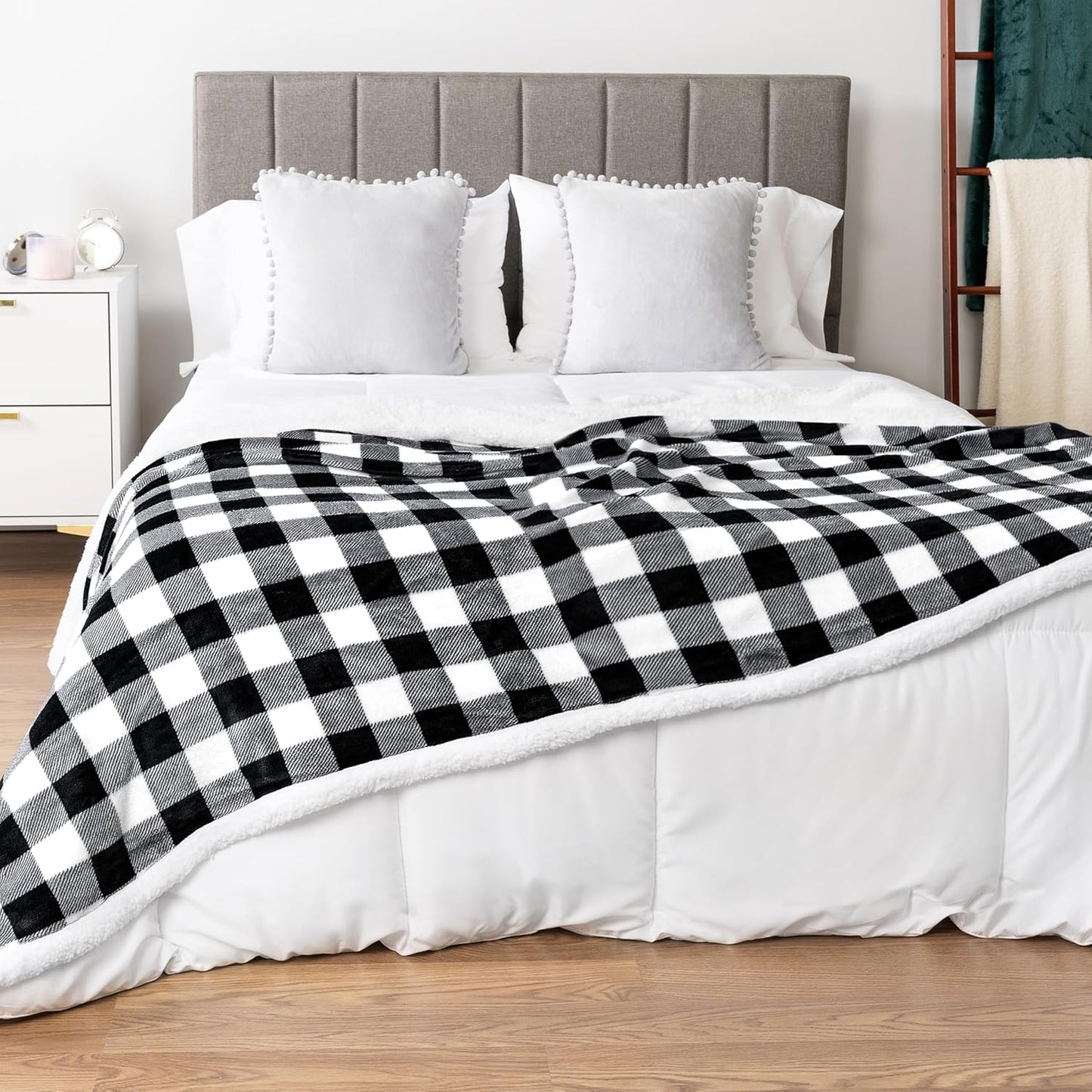 Pavilia Black & White Buffalo Plaid Sherpa Bed Blanket - King, Plush Checkered Fleece & Flannel, Warm Winter Blanket for Couch & Sofa, 90x108