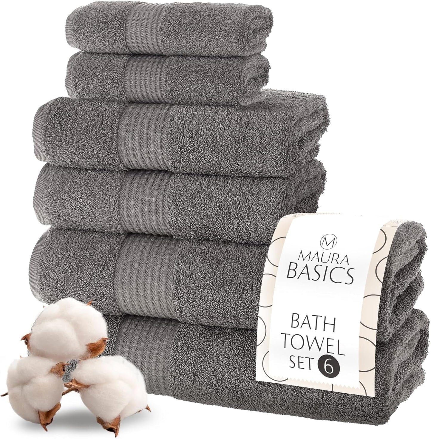 MAURA Basics Bath Towel Sets for Bathroom with Hanging Hook Loops. 2 Bath Towels, 2 Hand Towels, 2 Washcloths, Soft, Durable, Long Lasting and Absorbent Towels Set, Space Gray