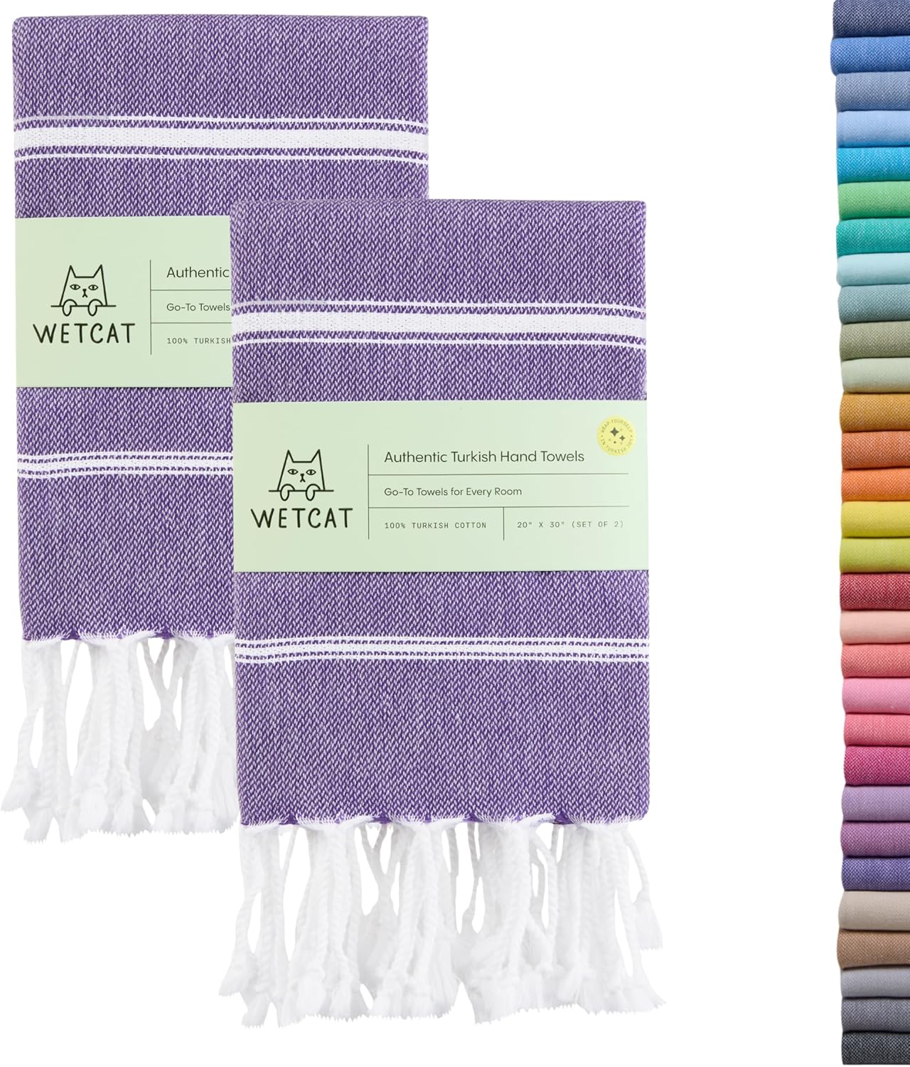 WETCAT Turkish Hand Towels with Hanging Loop, Set of 2 (20" x 30") 100% Turkish Cotton, Pre-Washed, Quick Drying, for Kitchen or Bathroom - Dark Purple