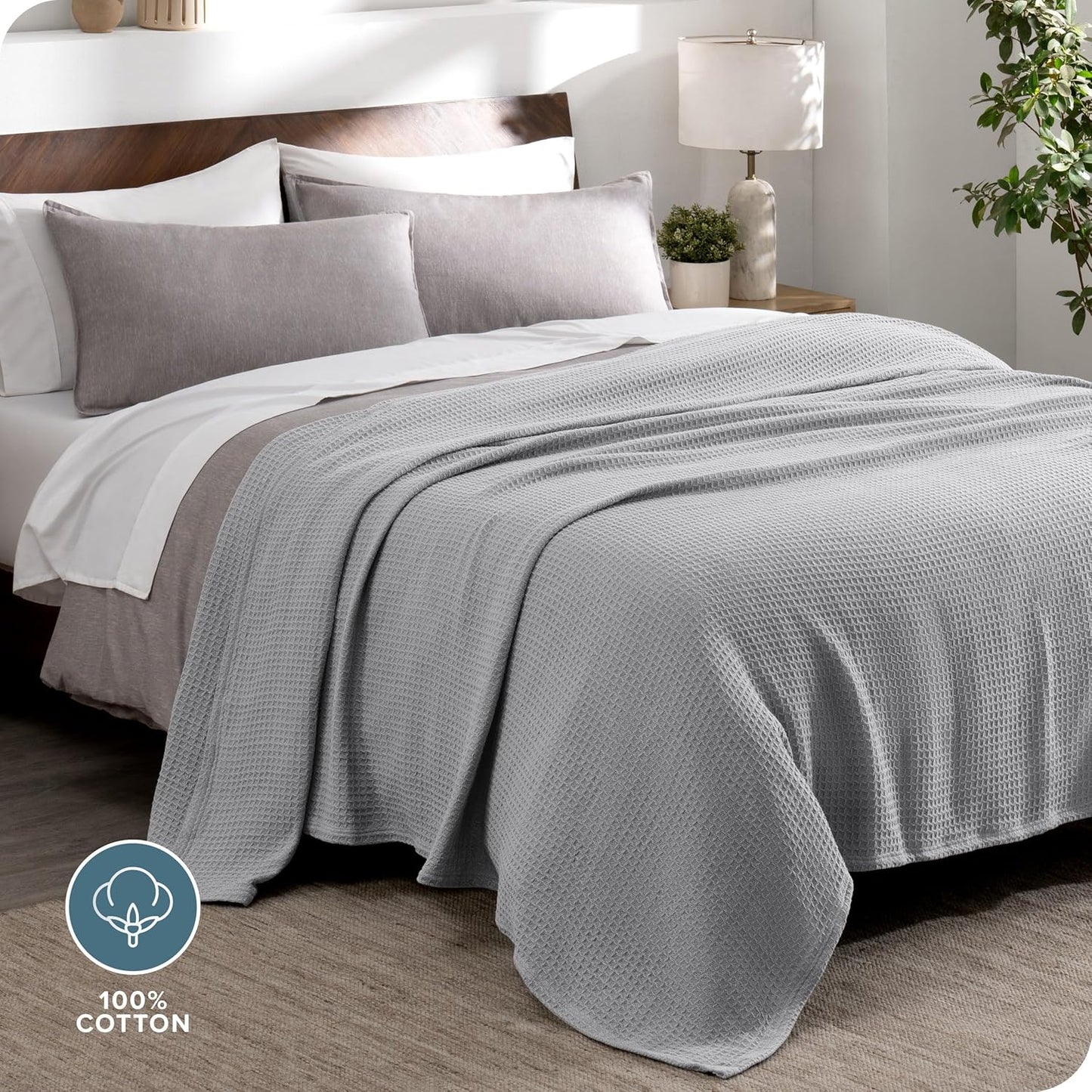 Bare Home Light Grey Waffle Blanket Extra Long 66Wx90L, 100% Cotton, Soft & Breathable Throw for All Seasons, Lightweight Blanket, Perfect for Layering Bed, Sofa & Couch (Twin/Twin XL, Light Grey)