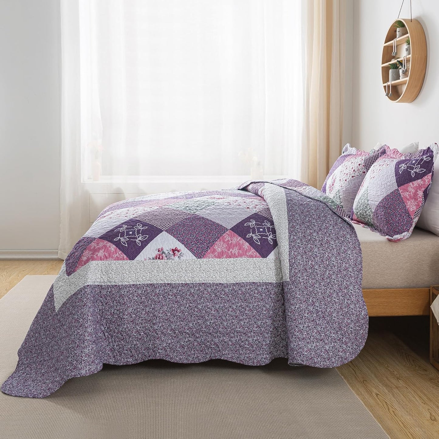 HoneiLife Quilt Sets King Size - 3 Pieces Microfiber Quilt Set Lightweight Bedspreads Reversible Coverlets Retro Bed Cover King Quilt Bedding Set All Season Quilts-Purple