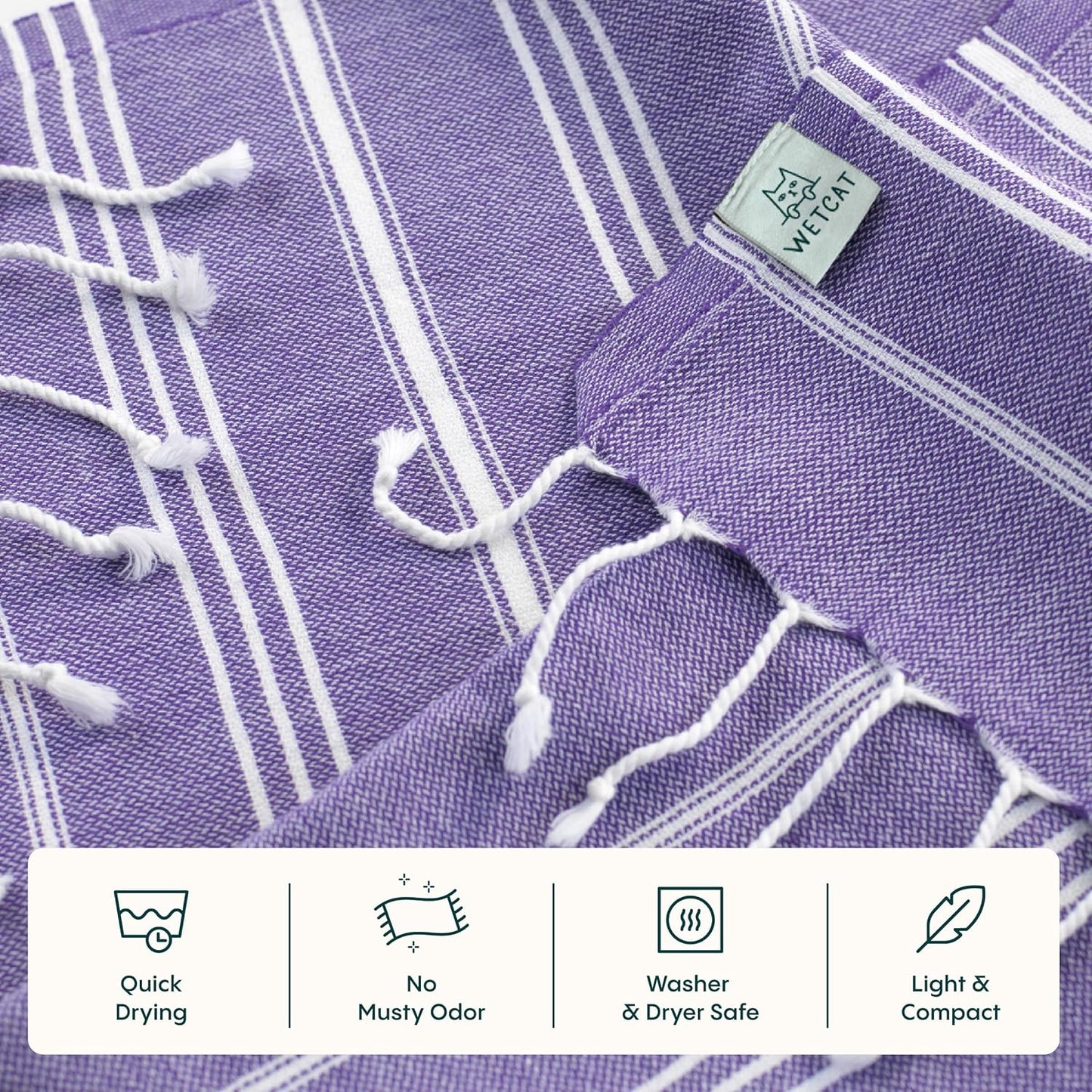 WETCAT Turkish Hand Towels with Hanging Loop, Set of 2 (20" x 30") 100% Turkish Cotton, Pre-Washed, Quick Drying, for Kitchen or Bathroom - Dark Purple