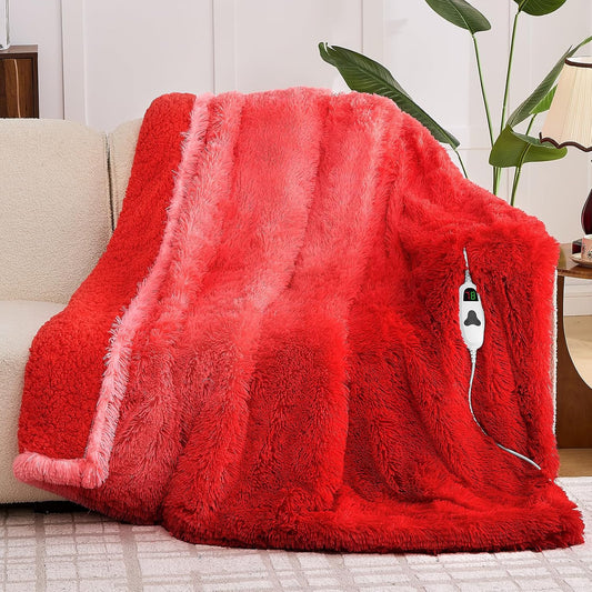 Heated Electric Blanket Throw,Warm Winter Birthday Gifts for Women Her Grandma-Faux Fur with Soft Sherpa,10 Heat Settings,5 Time Settings with Fast Heating, 50x60, Ruby Wine