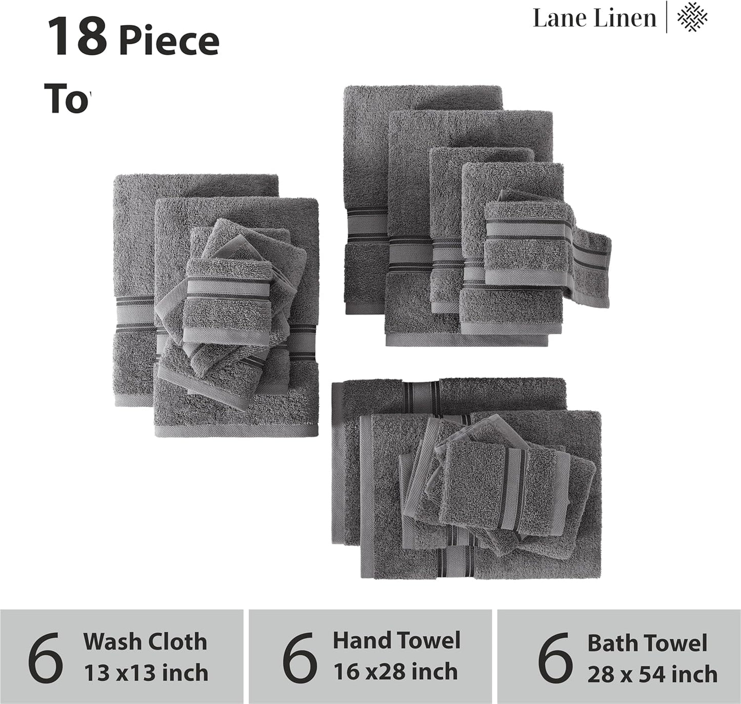 LANE LINEN 100% Mercerized Cotton Bath Towels Set of 18 – Zero Twist, 6 Bath, 6 Hand Towel & 6 Washcloths, Soft, Ideal for Spa Hotel & Home, Gentle on Body, Durable After Multiple Washes – Cool Grey