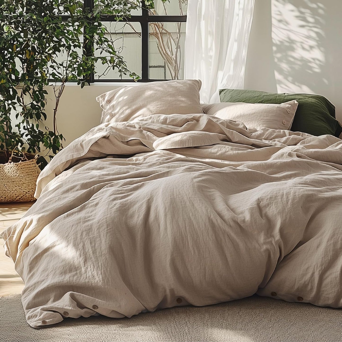 Bedsure Linen Duvet Cover Queen Size - Linen Cotton Blend Bedding Set, Soft & Cozy, 3 Pieces, 1 Duvet Cover 90x90 Inches and 2 Pillowcases, Warm Tan Color Cooling Bedding, Comforter Sold Separately