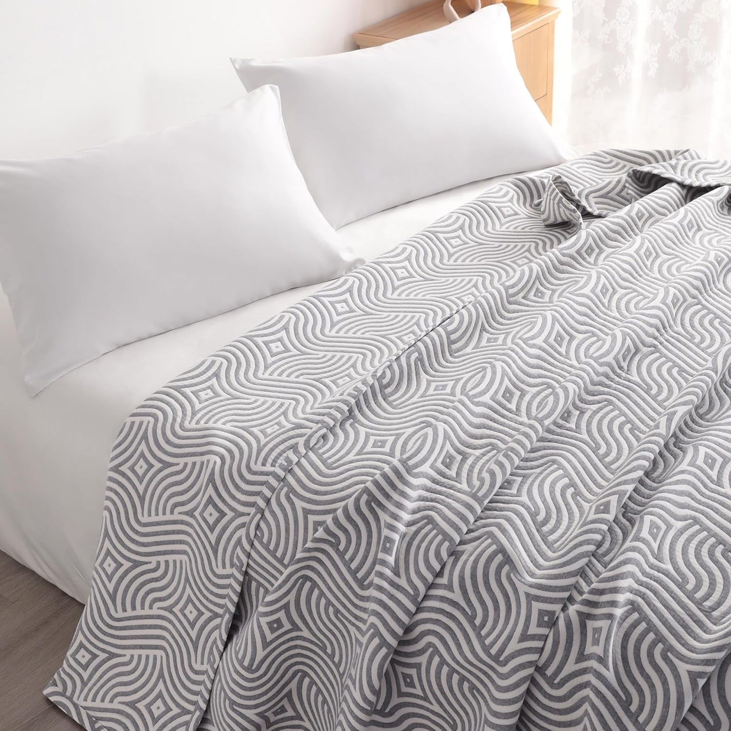 NTBAY 3 Layers Cotton Muslin 88x92 Queen Bed Blanket, Super Soft Breathable Thermal Yarn Dyed Quilt for Adults, Perfect Lightweight Blanket for Couch Sofa Bed All Seasons, Grey Geometric Ripples