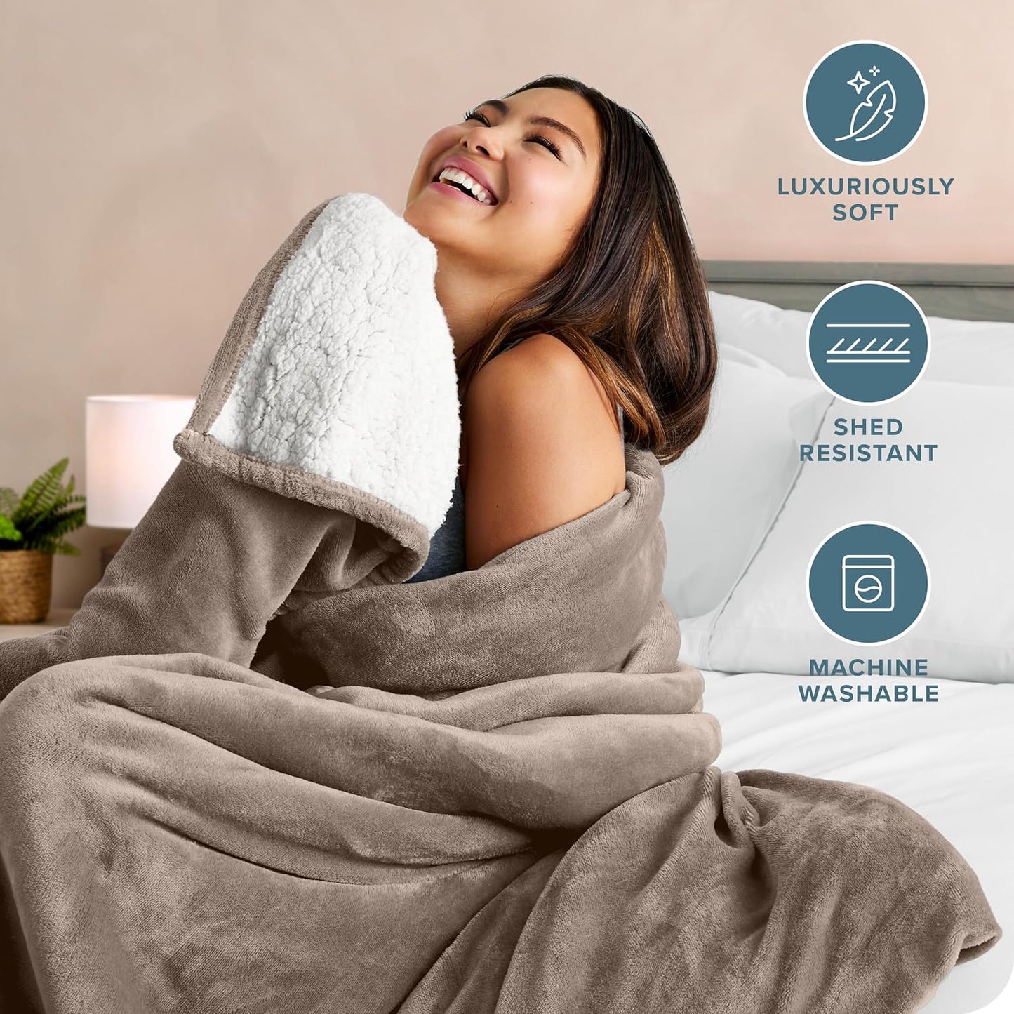 Bare Home Sherpa Fleece Blanket - Throw/Travel Size - Blanket for Bed, Sofa, and Couch - Warm & Lightweight - Fluffy & Soft - Reversible (Throw/Travel, Taupe)