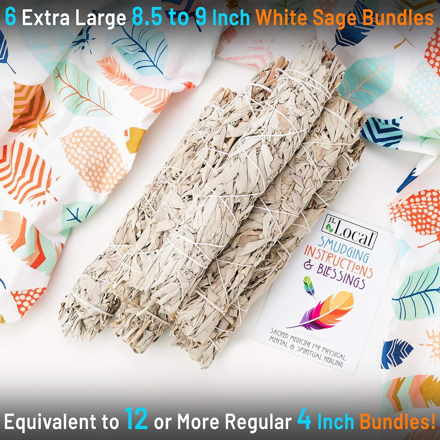 JL Local Wanderlust 9” White Sage Smudge Stick - Extra Large Smudging Wand Incense Stick for Cleansing, Purifying, Healing, Meditation, Yoga, Blessing (6 Pack)