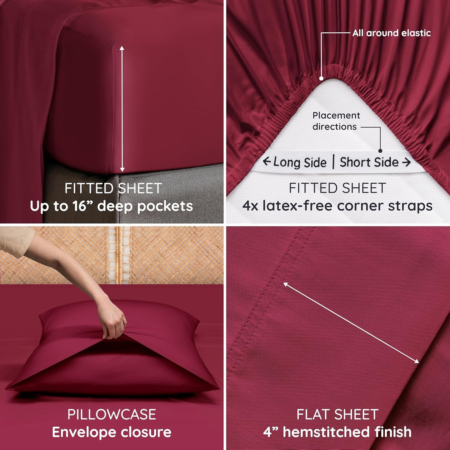 Bambaw 100% Viscose Derived from Bamboo Queen Sheet Set 6 Piece, Queen Size Cooling Sheets for Hot Sleepers, Super Soft Sheets Queen Size, Deep Pockets Fits Up to 16'' Mattresses (Burgundy)