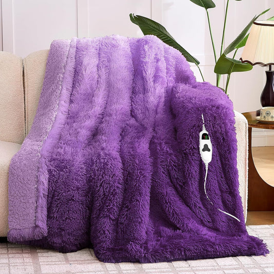 Heated Electric Blanket Twin,Warm Winter Birthday Gifts for Women Her Grandma–Faux Fur with Soft Sherpa,10 Heat Settings,5 Time Settings with Fast Heating, 62x84, Mystic Purple