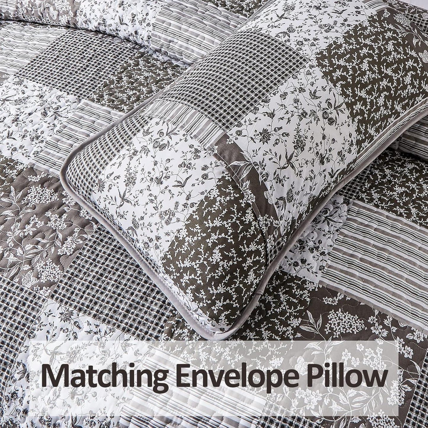 Mybedsoul Grey Boho Quilt Set King Size,3 Pieces Plaid Floral Bedspread Coverlet Set for All Season,Patchwork Reversible Bedding Set King 90"x104"