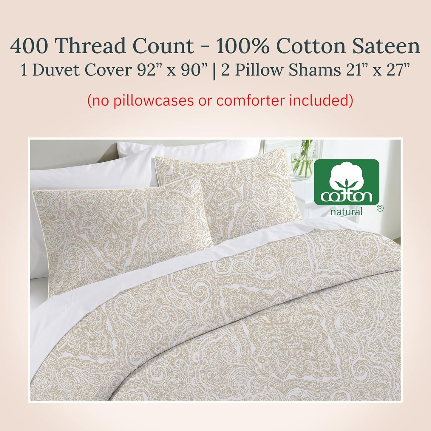 California Design Den Full/Queen Size Duvet Cover Set, 400 Thread Count 100% Cotton, Sateen Comforter Cover & 2 Pillow Shams Bedding Queen Size Set, Button Closure, Corner Ties (Paisley Beige)