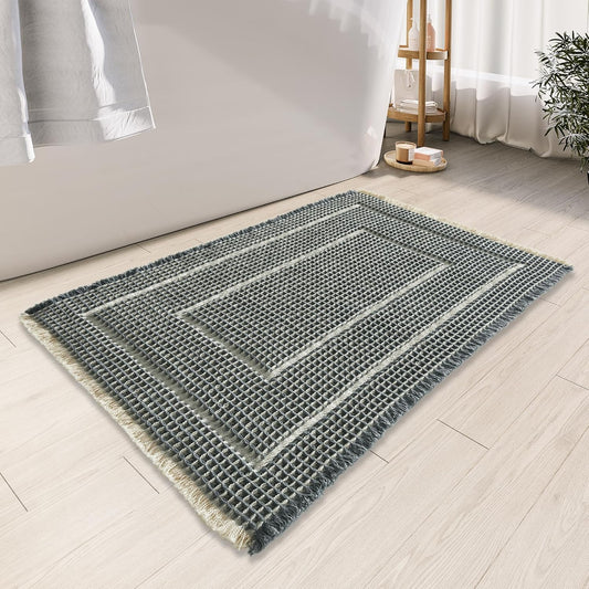 Bath Mats,Upgraded Waffle Super Absorbent Bath Mat,Bathroom Rugs Non Slip Washable, Quick Dry Shower Mats, Ultra Soft Bath Mats for Bath Floor,Bluish Grey & Yellow,24"*36"