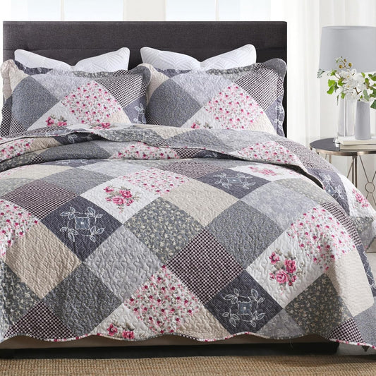 ENJOHOS Farmhouse Quilts King Size - King Quilt Set Grey Bedspread Reversible Patchwork Floral Coverlet Set, Microfiber Lightweight Country Quilts Bedding Set with 2 Pillow Shams（Grey Flower Plaid2）