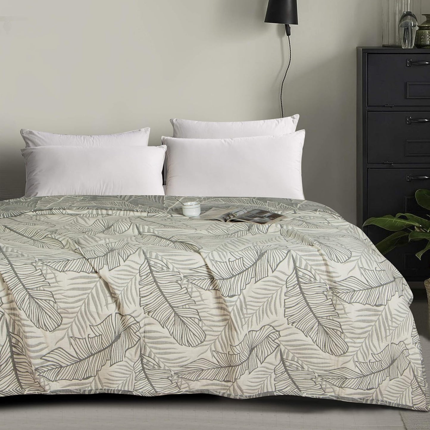 NTBAY 3 Layers Cotton Muslin 88x92 Queen Bed Blanket, Super Soft Breathable Thermal Yarn Dyed Quilt for Adults, Perfect Lightweight Blanket for Couch Sofa Bed All Seasons, Dark Grey Leaf