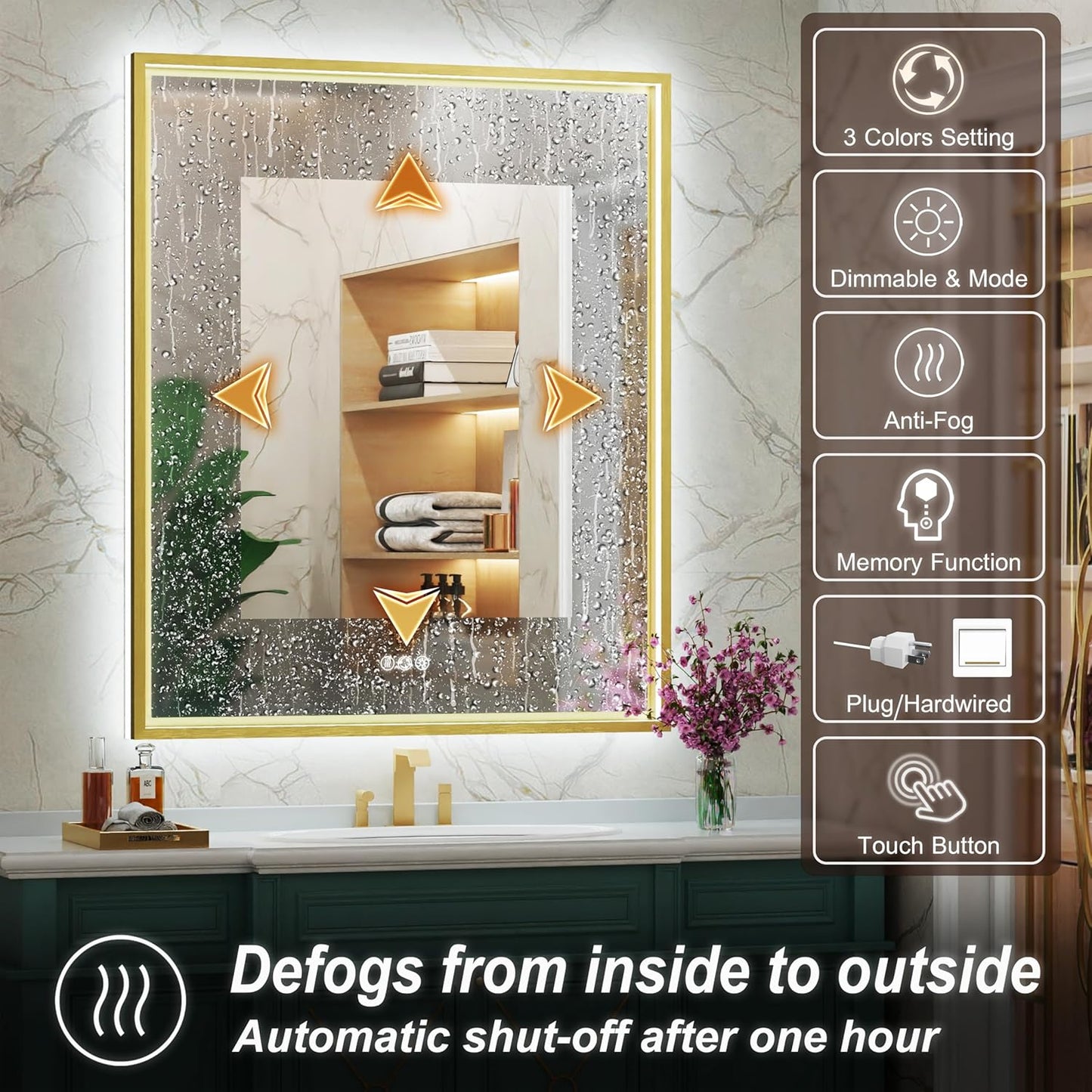 30x36 Inch Gold LED Bathroom Mirror with Front & Back Lights, Adjustable 3000K/4500K/6000K, Wall Mounted Lighted Bathroom Vanity Mirrors, Anti-Fog, Dimmable, Horizontal/Vertical