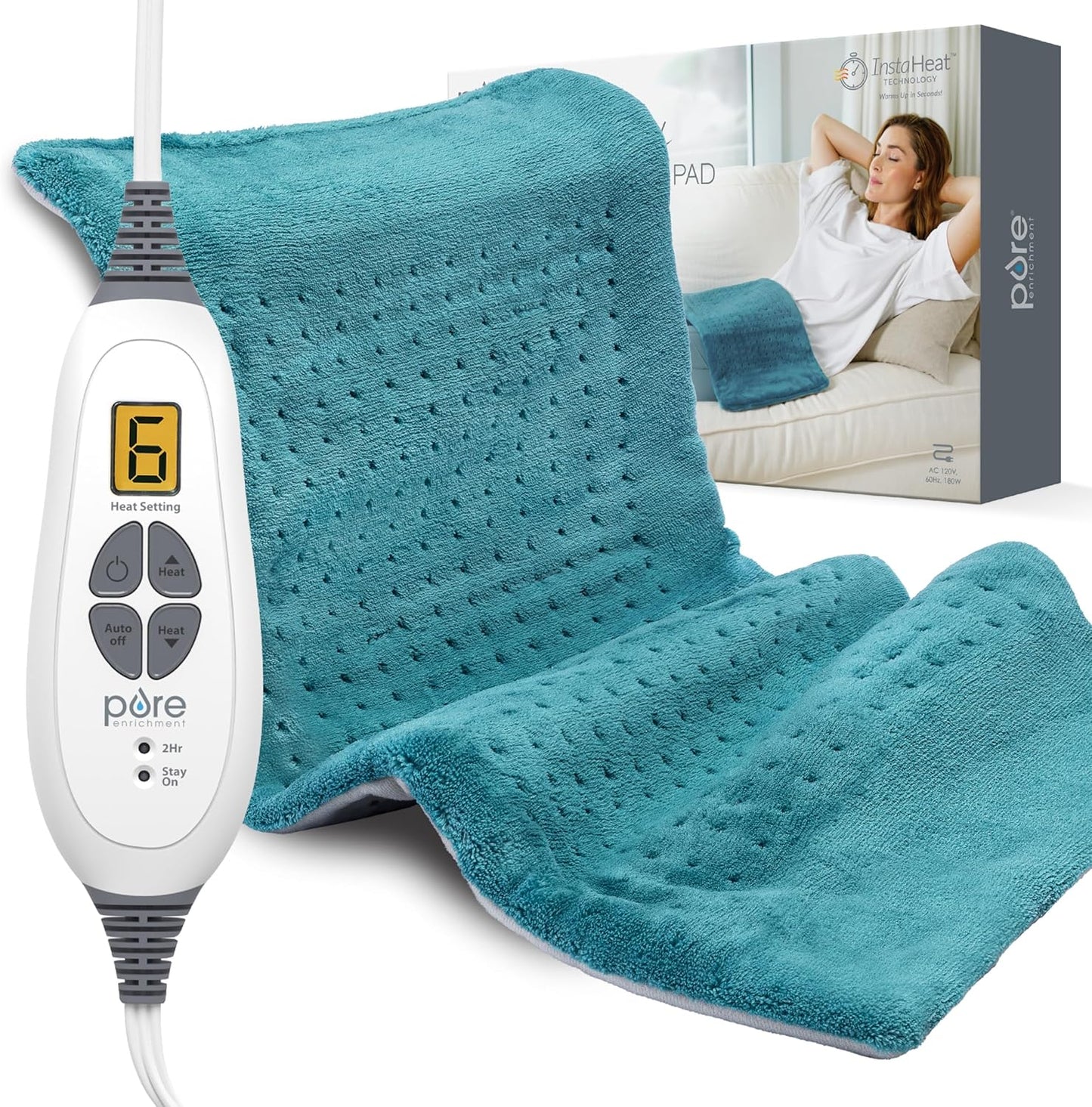 Pure Enrichment® PureRelief XL Heating Pad - 12" x 24" Electric Heating Pad for Back Pain & Cramps, 6 Heat Settings, Soft Machine Wash Fabric, Auto-Off & Moist Heat (Blue)