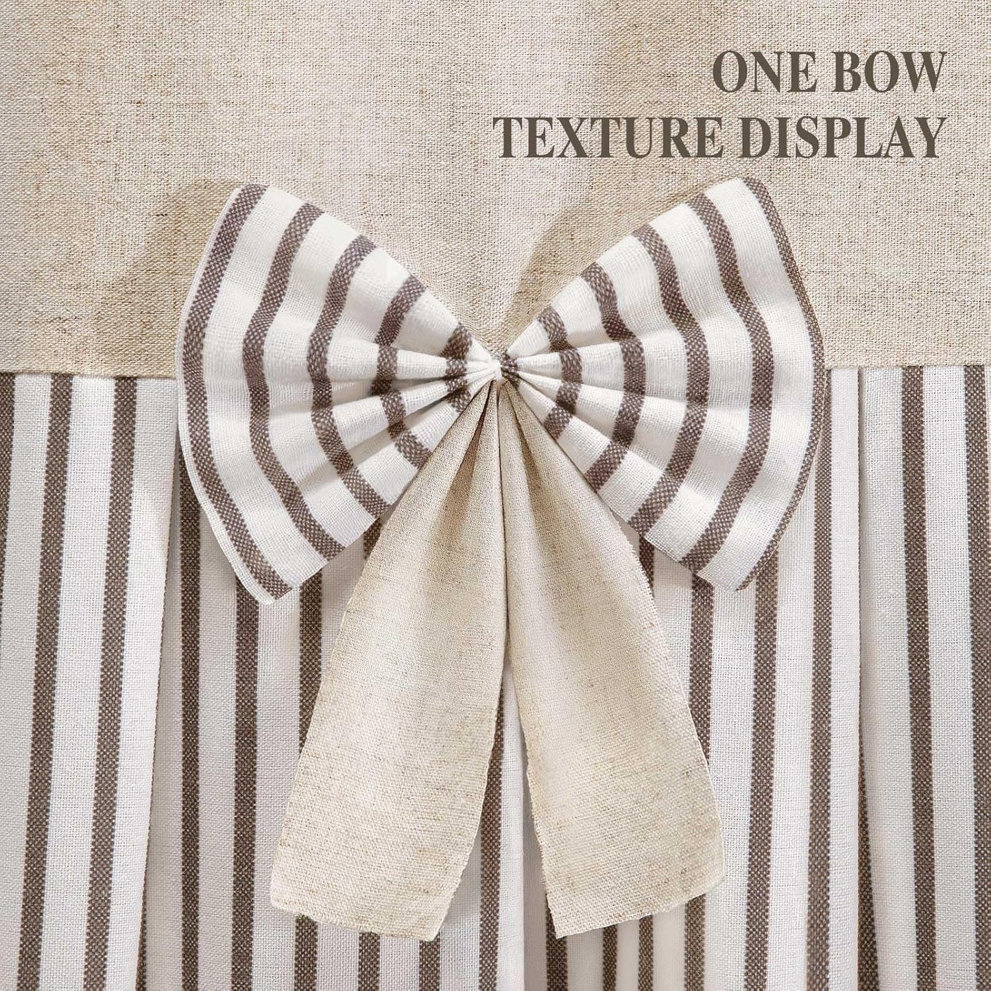 Farmhouse Shower Curtain Linen Beige Bow Woven Fabric Country Rustic Western, Pleated Brown Stripe 72" W x 72" L