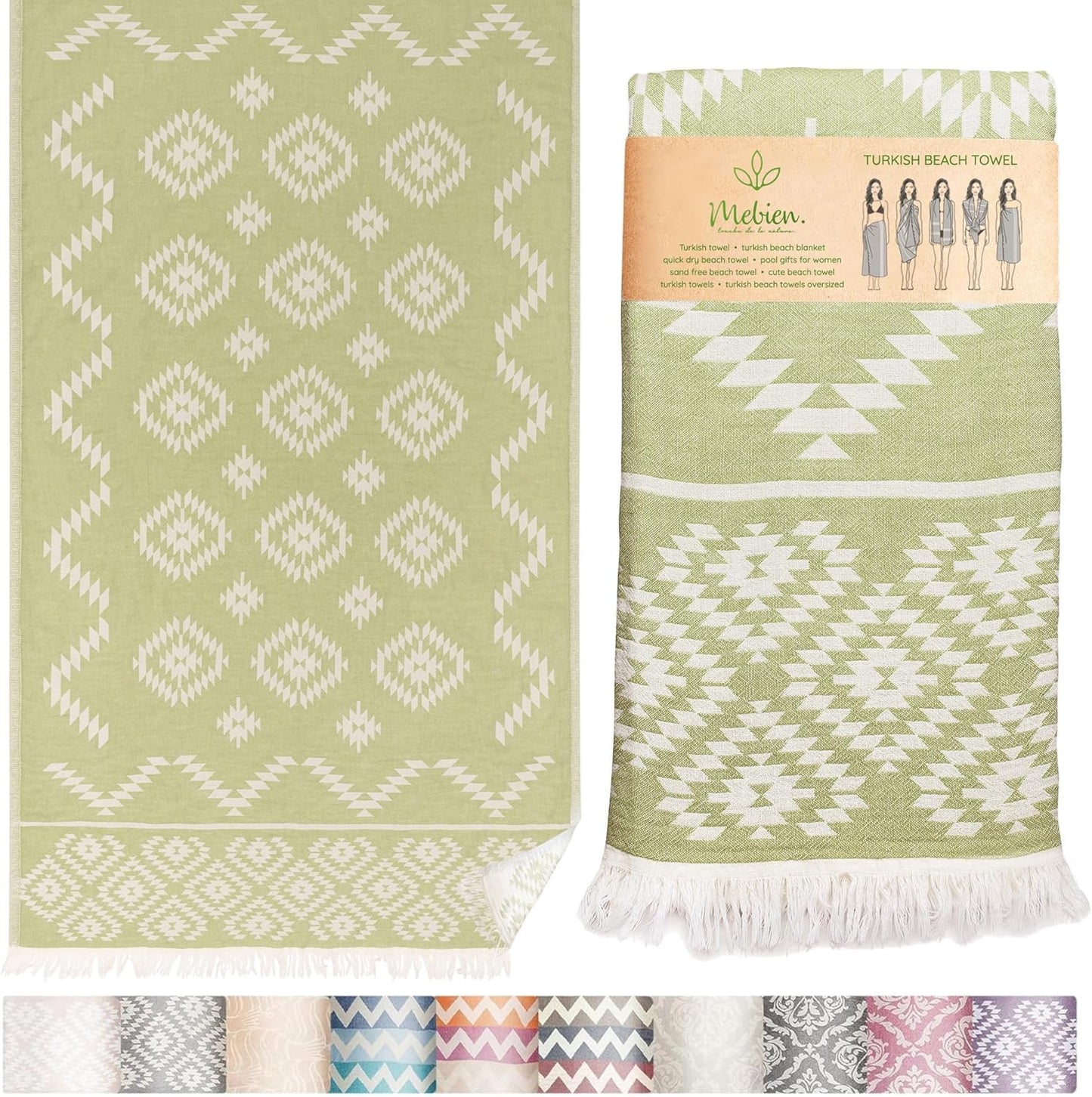 Turkish Towels Beach Towels Oversized (35”x67”) Beach Towels for Adults Quick Dry and Sand Free Beach Towel Beach Blanket 100% Cotton Turkish Towel - Soft Green