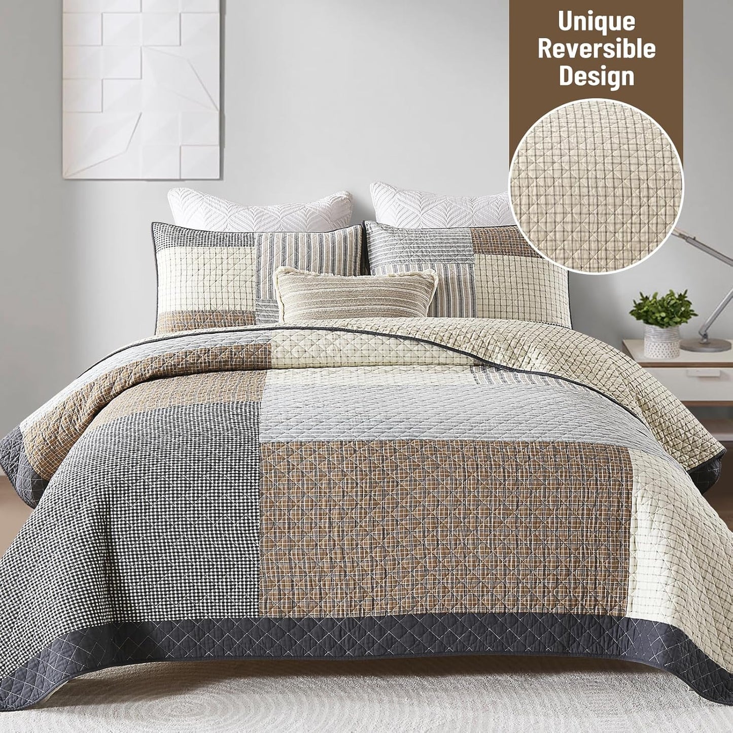 Real-Patchwork Plaid Queen Quilt - 100% Cotton Farmhouse Beige Brown Gray Queen Size Quilts Bedspread, Lightweight Reversible Quilted Coverlet Bedding Set for All Season, 3-Piece(98"x90")