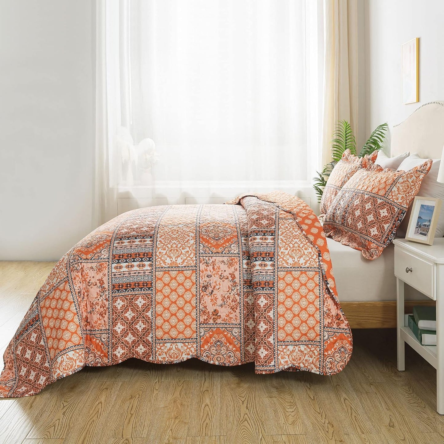 HoneiLife King Quilt Bedding Set - 3 Pieces Vintage Quilt Sets Microfiber Bedspreads Floral Coverlets Retro Bed Cover All Season Quilts-Pumpkin