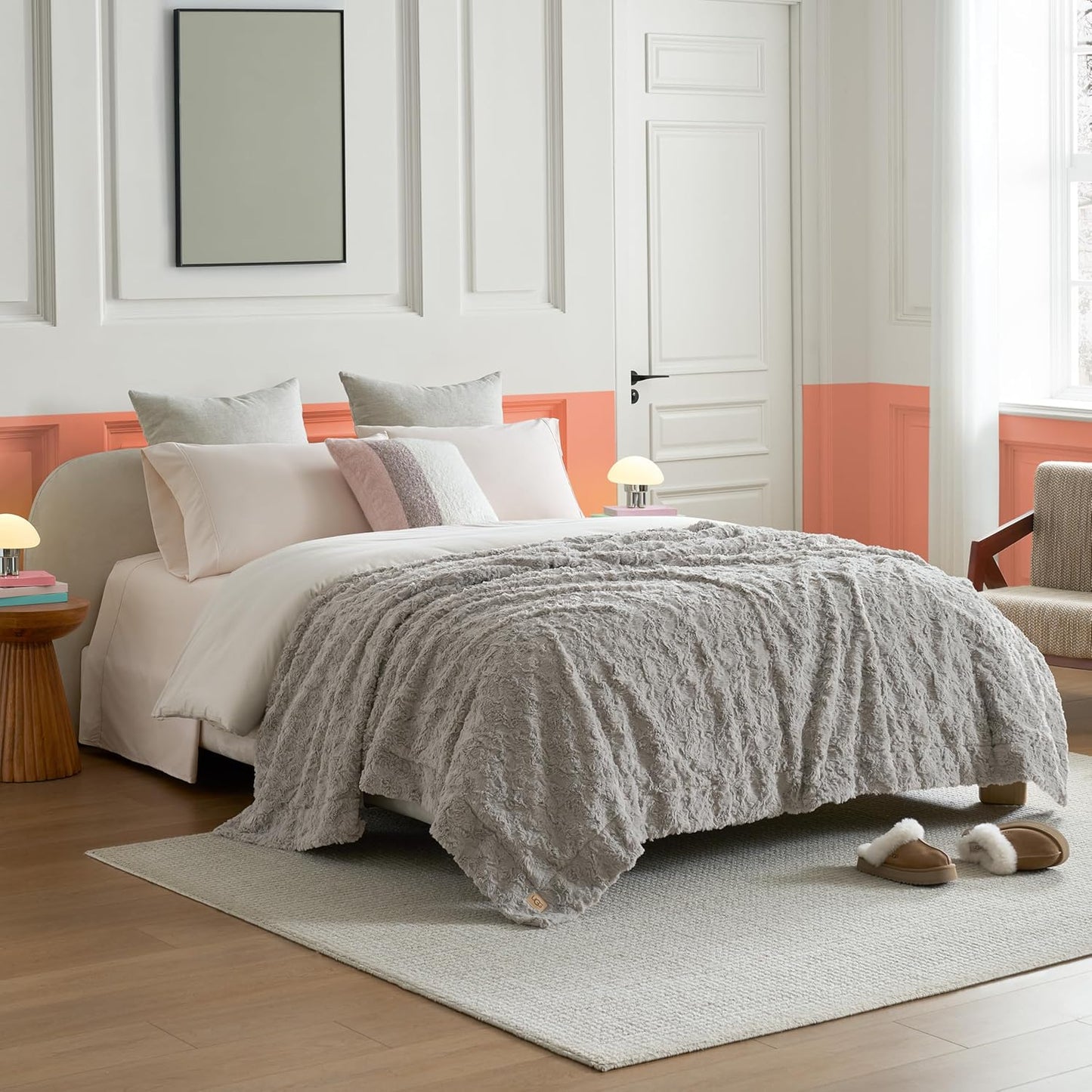 UGG Faux Fur Full/Queen Blanket, Double-Sided Fluffy Blanket, Cozy Oversized Throw for Couch, Washable Bedding for Full or Queen Bed, Luxury Home Decor, 90" x 90", Seal Grey (Adalee)