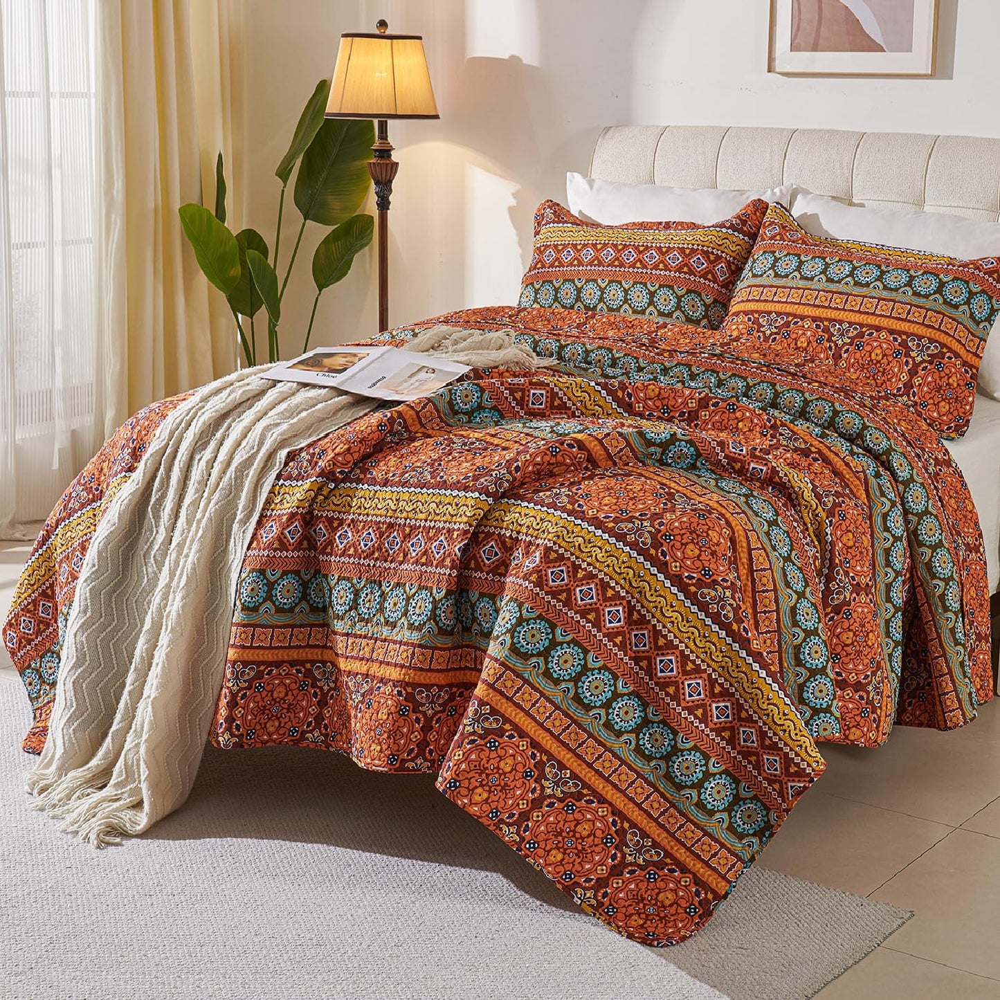 Cmfshape Orange Quilt Sets Bedspread Set 100% Cotton Boho Bedding Set, All Season Use Lightweight Reversible Coverlet Quilts with 2 Pillow Shams(King 106"x96")
