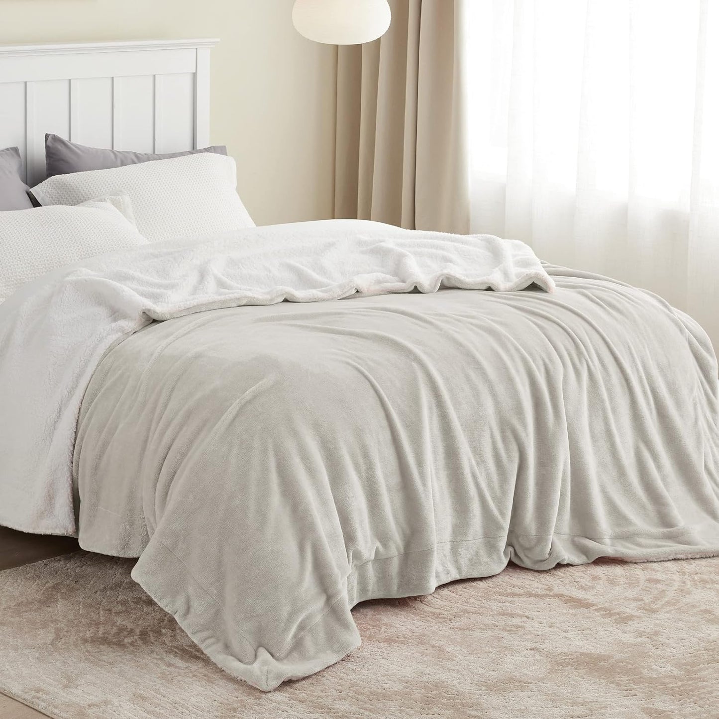 Bedsure GentleSoft Sherpa Fleece Blankets Queen Size for Bed - Thick and Warm, Soft Fuzzy Plush Queen Blanket for Winter, Linen, 90x90 Inches