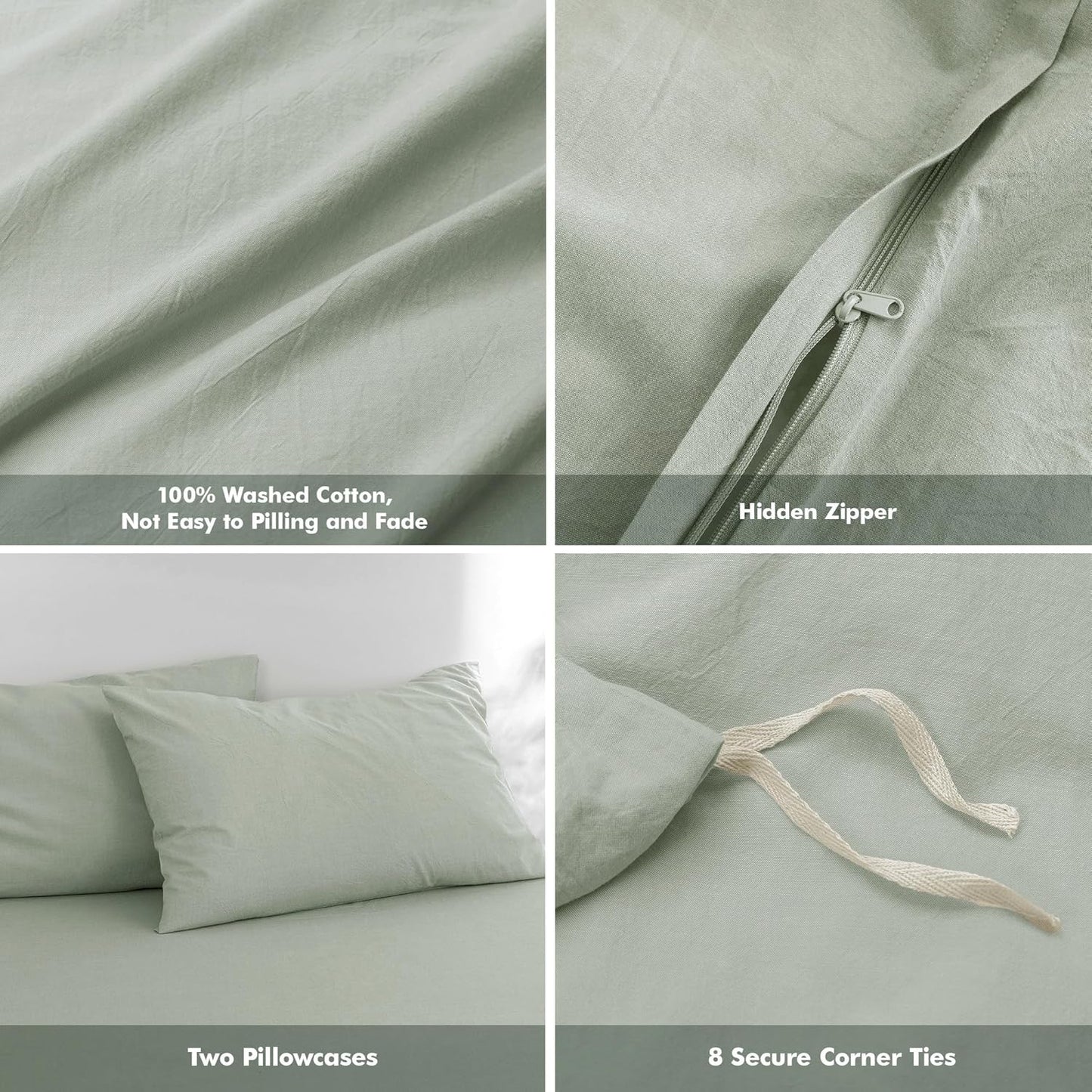 FOSSA Duvet Cover Set 100% Washed Cotton Linen Feel Super Soft Breathable Cozy 3 Pieces Bedding Sets Solid Sage Green King