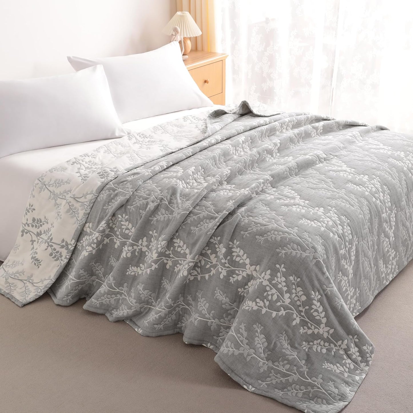 NTBAY 3 Layers Cotton Muslin 106x92 King Bed Blanket, Super Soft Breathable Thermal Yarn Dyed Quilt for Adults, Perfect Lightweight Blanket for Couch Sofa Bed All Seasons, Grey Tree