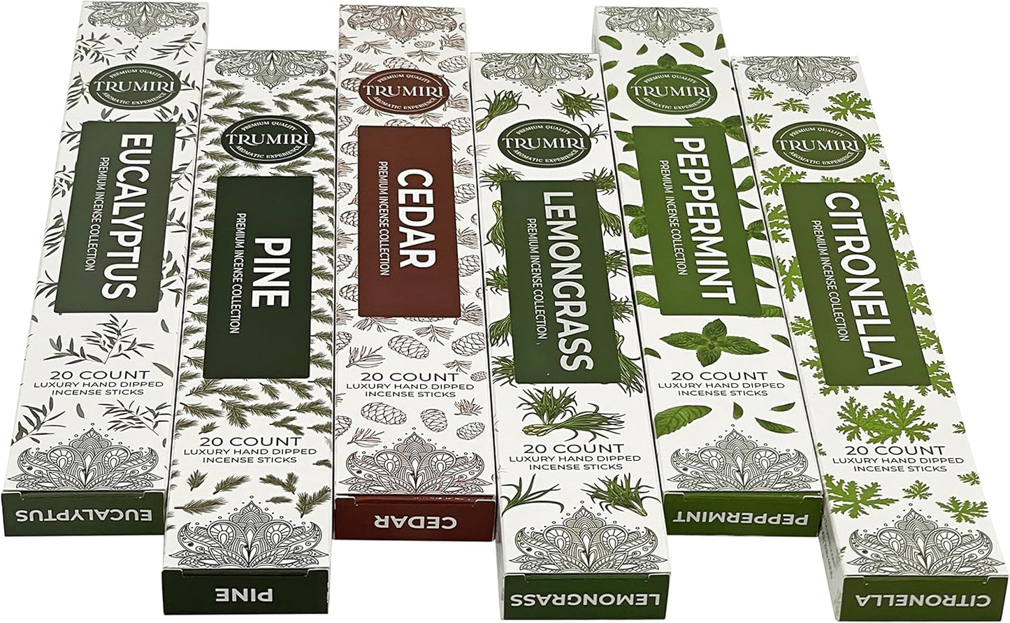 Leafy Incense Sticks Variety Pack - 120 Insence-Sticks (6 Incents x 20 Insense) - Citronella Lemongrass Eucalyptus Peppermint Pine Cedar - Natural Inscents-Sticks Non Toxic Inciensos + Incense Holder